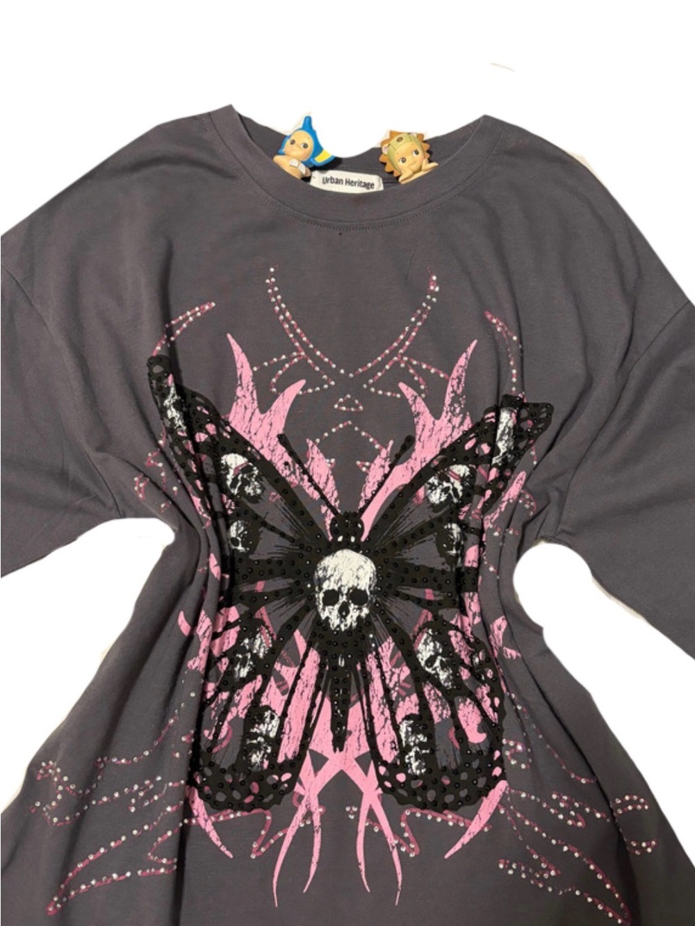 Urban Heritage Girls' Gray Graphic Butterfly Skull Tee - Pink & Black